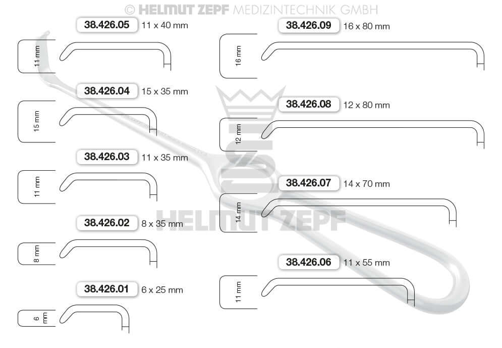 Kocher-Langenbeck Retractor 21.5cm 16x80mm Helmut Zepf No.38.426.09 surgical retractor size chart