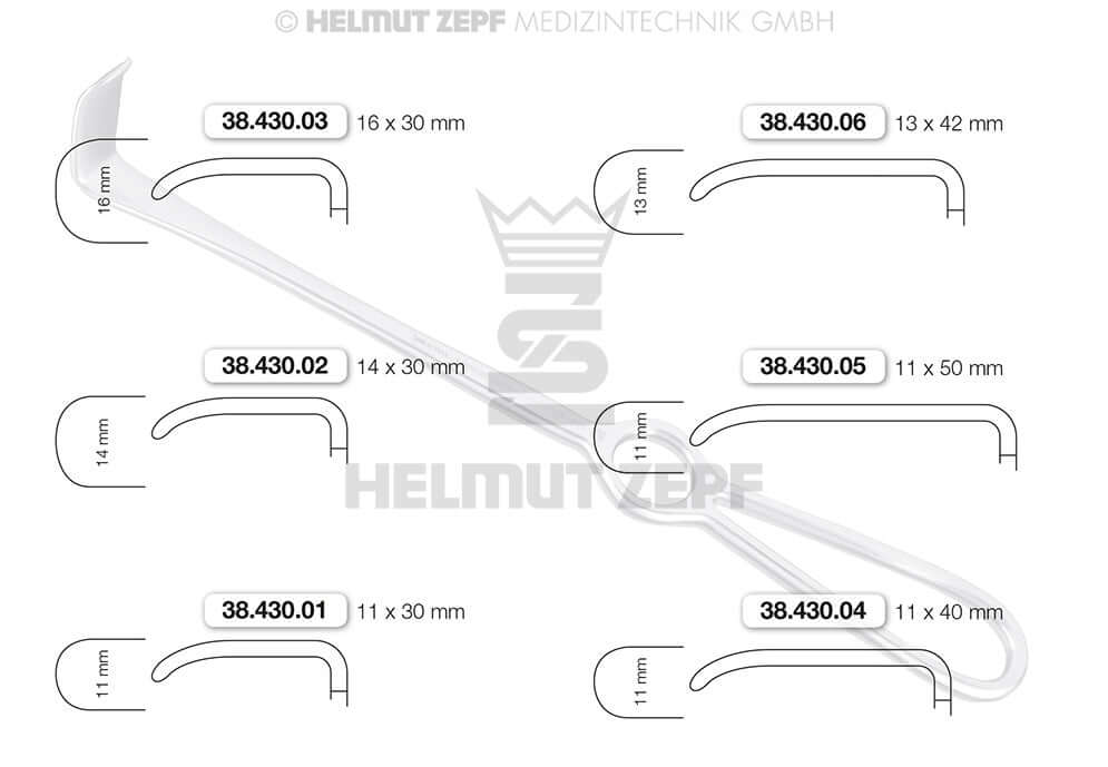 Langenbeck Retractor size variants by Helmut Zepf, 21cm 30x11mm, models 38.430.01-.06 surgical retractors