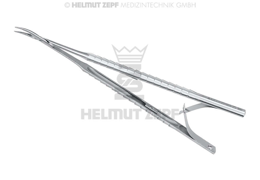 Castroviejo Needle Holder curved 17.5cm by Dr. Axel Kirsch, tungsten carbide jaws, spinlock, double spring – Helmut Zepf 41.201.17TC-K