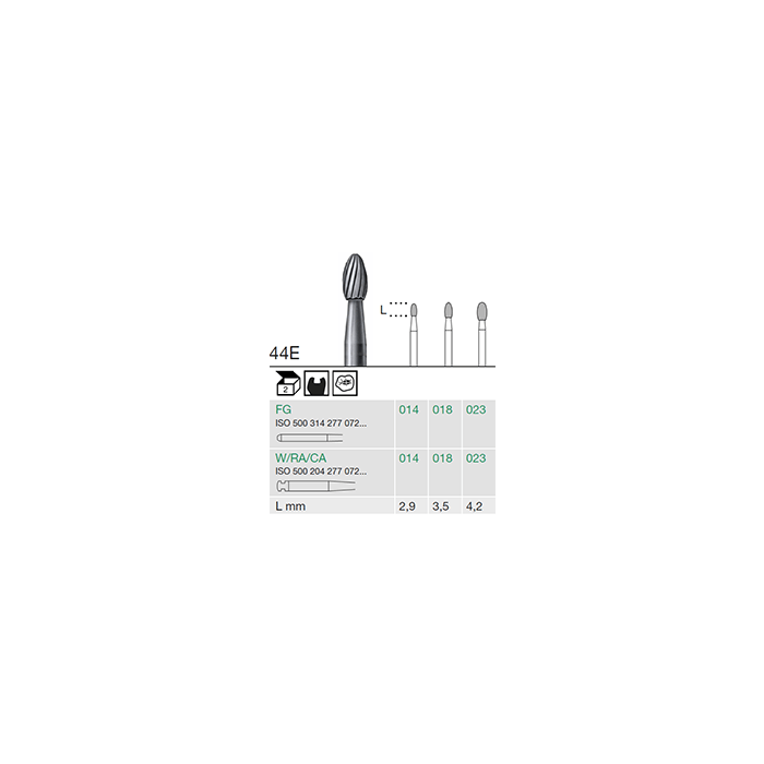 fine carbide egg finishing bur 44E-F 018 RA Yellow Ring ISO 500 204 277 042 018 for Crown Prep Pack of 2
