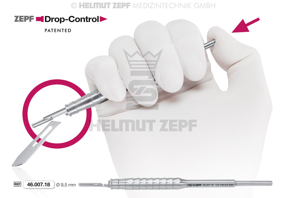 ZEPF Drop-Control Scalpel Blade Holder 46.007.18 with one-hand ejection function, patented safe blade removal surgical handle