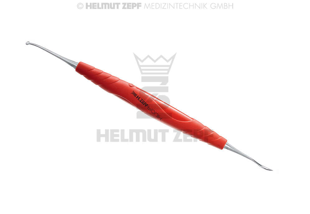 Papilla Elevator & Dissection Tip Combination Instrument by Dr. Weng, bIONIK Lightred-Magenta Handle, Helmut Zepf 46.036.21