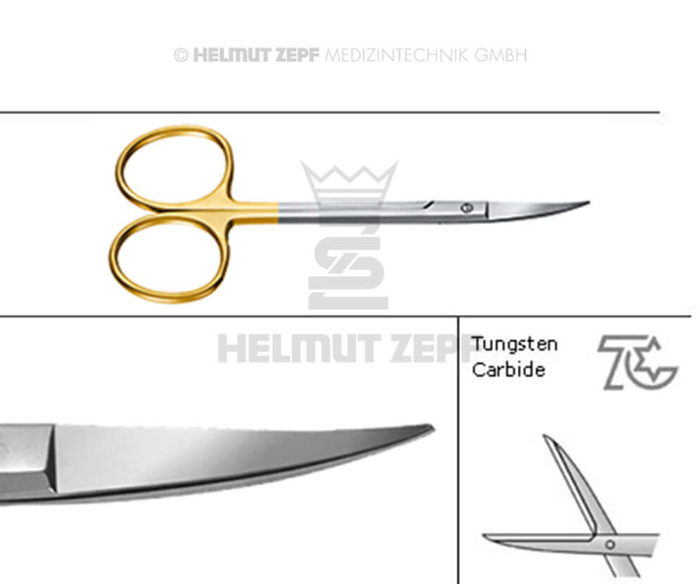 Iris Scissors curved 11.5cm Tungsten Carbide surgical dental gum scissors by Helmut Zepf, extra large rings, precise tissue cutting