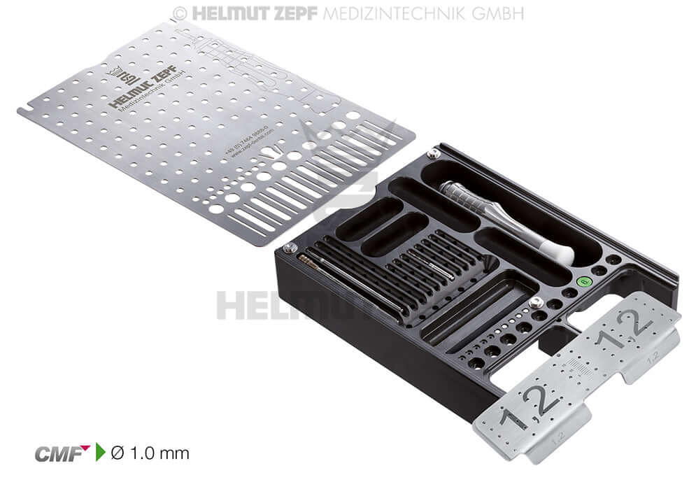 1.0 CMF System Big Version by Helmut Zepf – complete osteosynthesis set with 1.0mm steel screws and titanium screws for CMF surgery