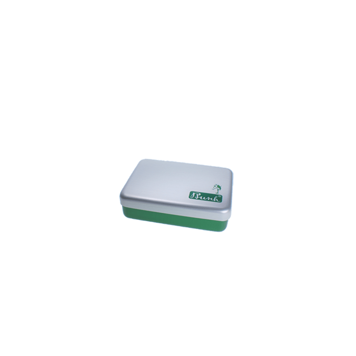 Busch 5780 aluminum bur storage box empty with green base and silver lid for dental bur organization