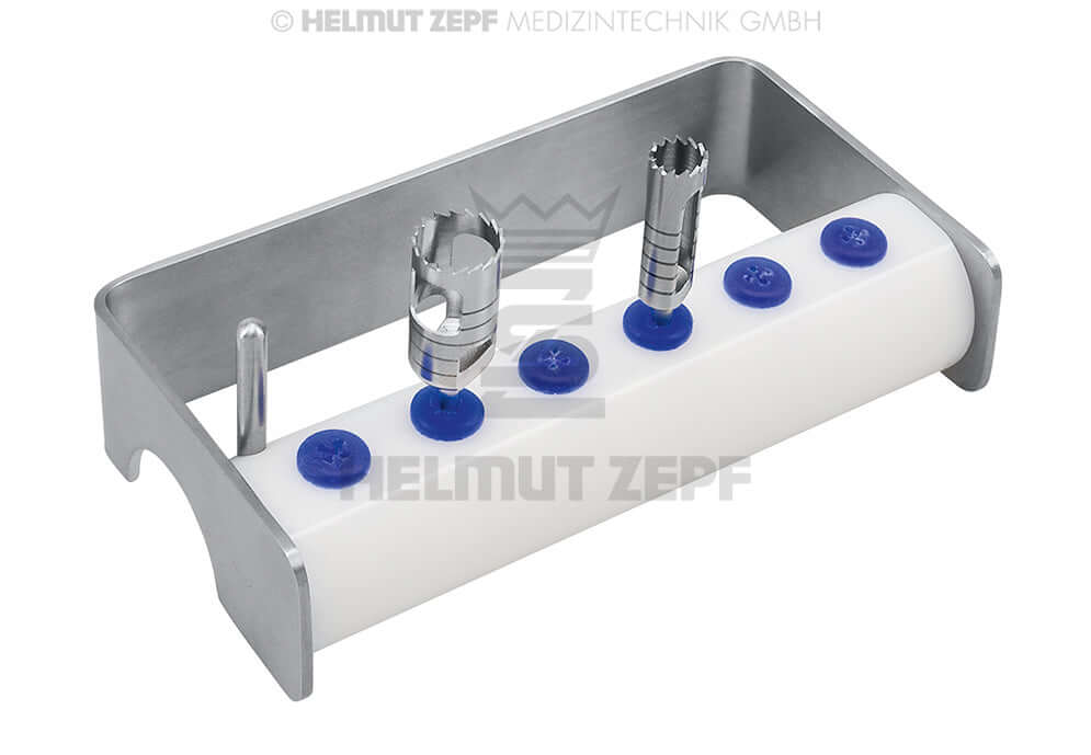 Dental Bur Block Teflon tray for 6 trephines by Helmut Zepf, 8.5x5cm, 60° click-in place, sterilisation compatible