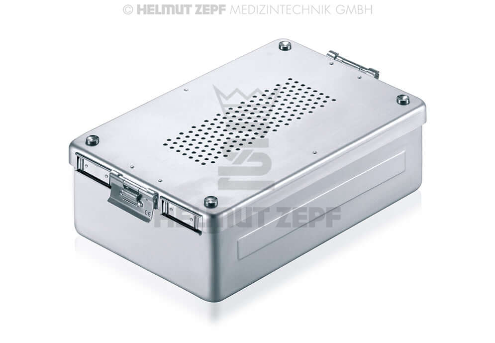 Aluminum Sterilization Box perforated grey 310x190x65mm with textile filters by Helmut Zepf for dental surgical instruments