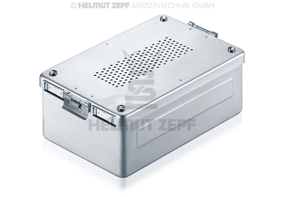 Aluminum Sterilization Box 310x190x100mm perforated cover by Helmut Zepf, grey with textile filters