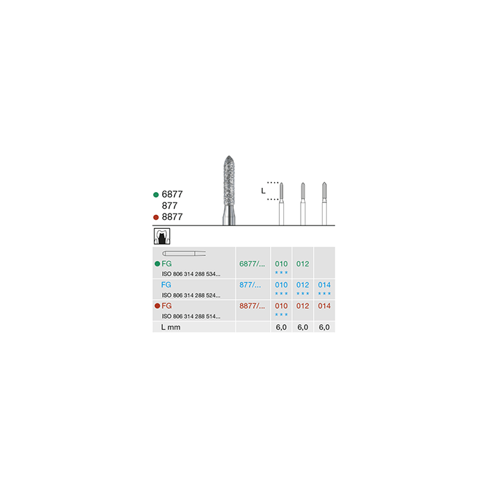 diamond torpedo dental bur medium grit 877 012 FG for crown preparation ISO 806 314 288 524 012 pack of 6