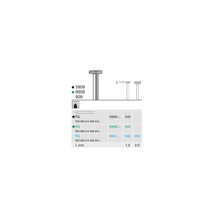6909 040 FG coarse diamond dental bur wheel green ring ISO 806 314 068 534 040 crown preparation pack of 2