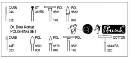 Dental Bur Polishing Set by Dr. Bora Korkut – Busch rotary instruments diagram showing CARB, ST, POL, and Cotton burs
