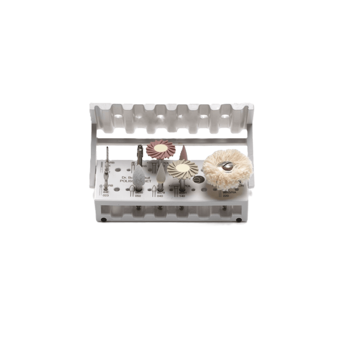 Dental Bur Polishing Set by Dr. Bora Korkut in Busch STERI-SAFE Wave bur block with rotary instruments