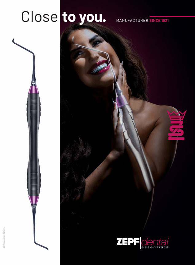 Helmut Zep Catalog - Zepf Dental Essentials dental instrument ad featuring a scaler tool and woman, manufacturer since 1921