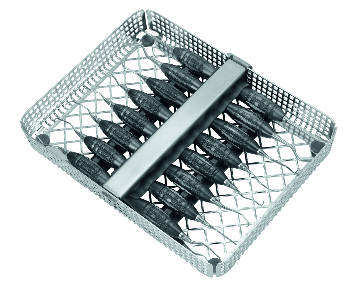 Periodontal Instruments TOUCHGRIP Root Instrumentation Set by Helmut Zepf in sterilization tray for implant and periodontal surgery