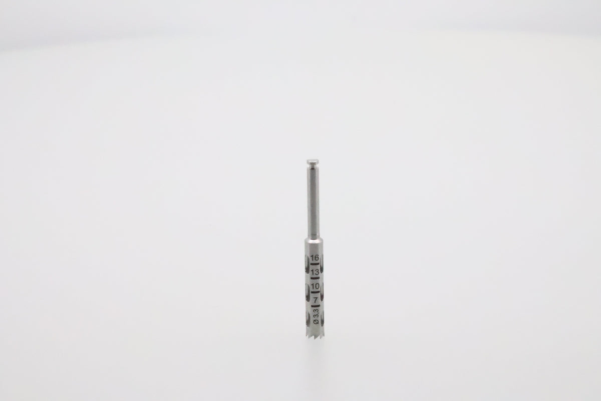 Helmut Zepf 08.910.04 dental trephine inside diameter 3.3 mm - upright view showing cutting teeth