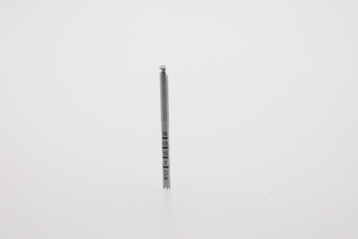 Helmut Zepf 08.910.01 dental trephine inside diameter 1.7 mm - upright view showing cutting teeth and depth graduation