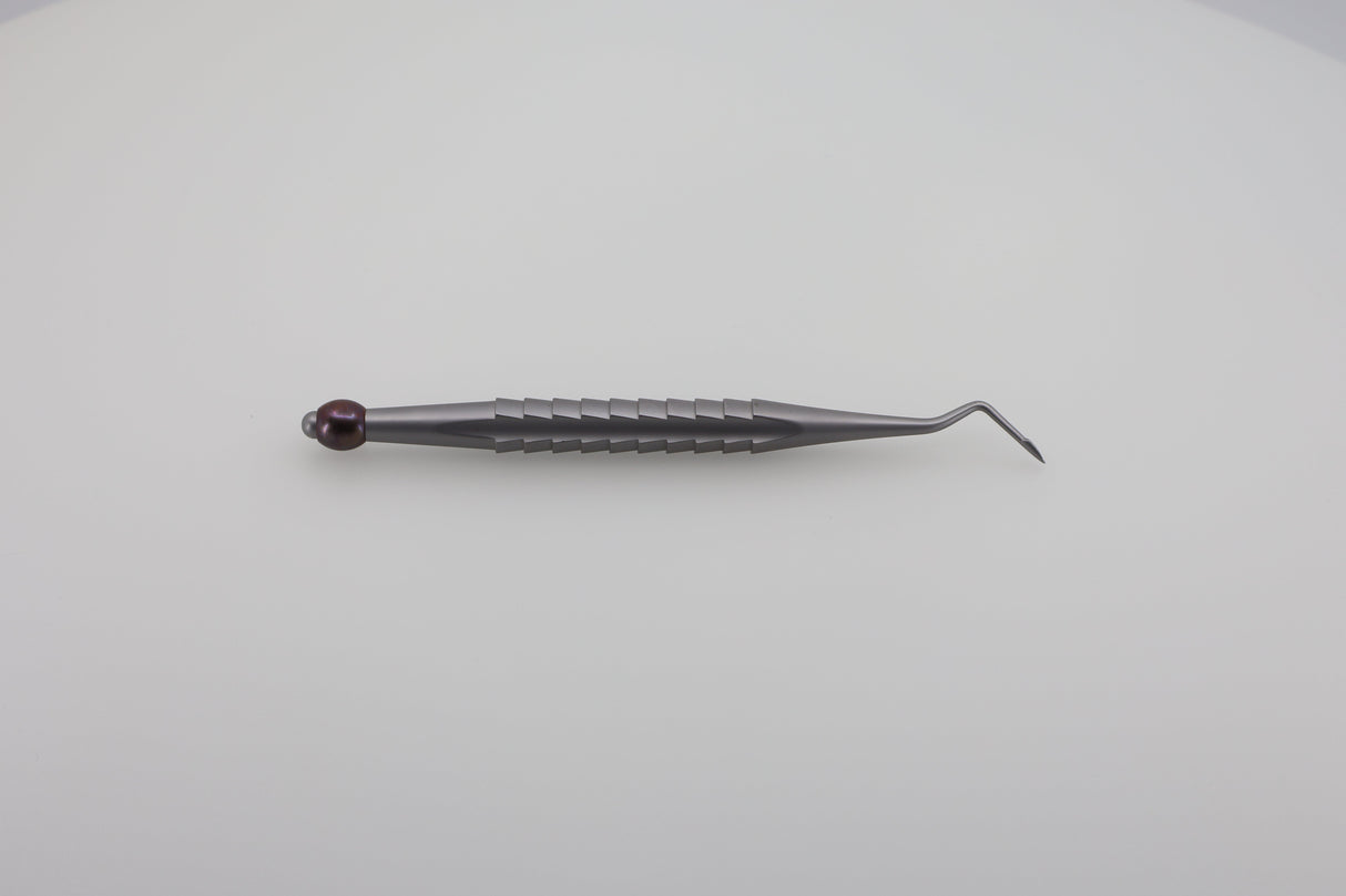Helmut Zepf 17.068.10 angled root tip pick elevator - full side view with knurled X-Tool handle