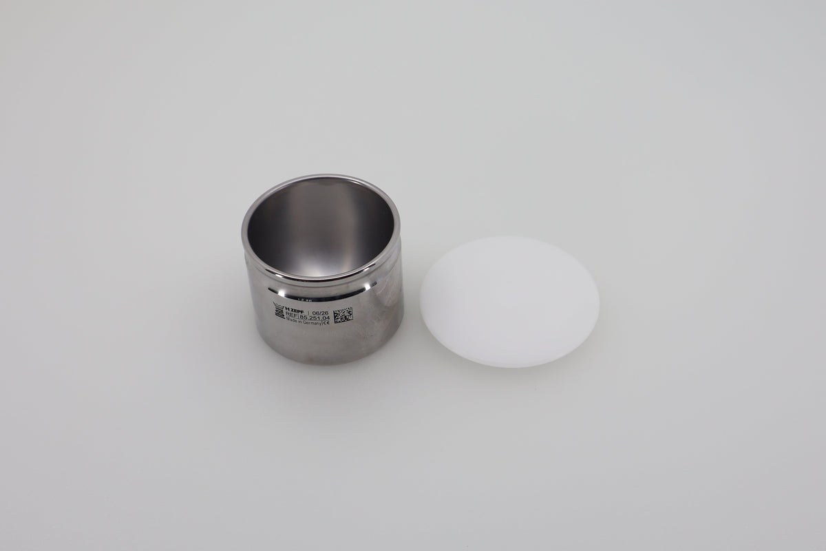 Dental mixing cup 85.251.04 stainless steel, open with lid beside