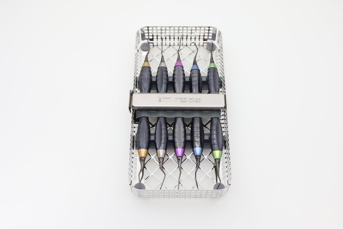 ZEPF Washtray 1/3 (85.182.00) holding a 5-instrument Z-SHAPE hygiene set - top view