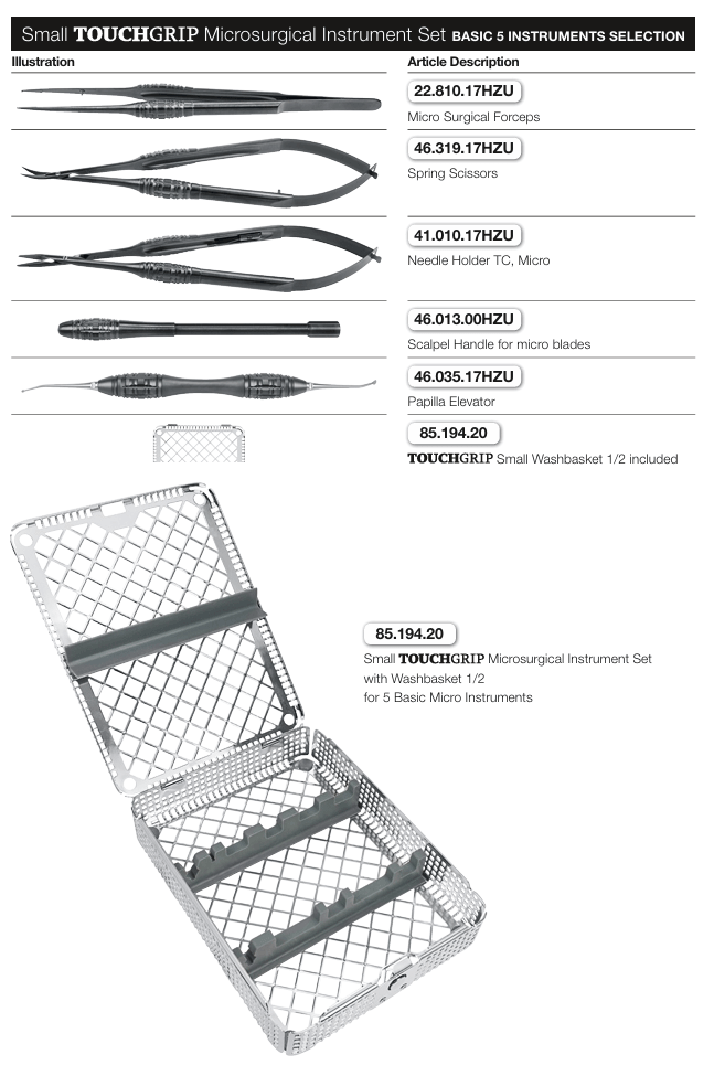 TOUCHGRIP Microsurgical Instrument Set Basic 5 selection with forceps, scissors, needle holder, scalpel, elevator & washbasket