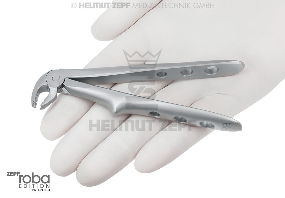Pediatric extraction forceps for children, Klein English Pattern No.7, held in gloved hand - Helmut Zepf dental instrument