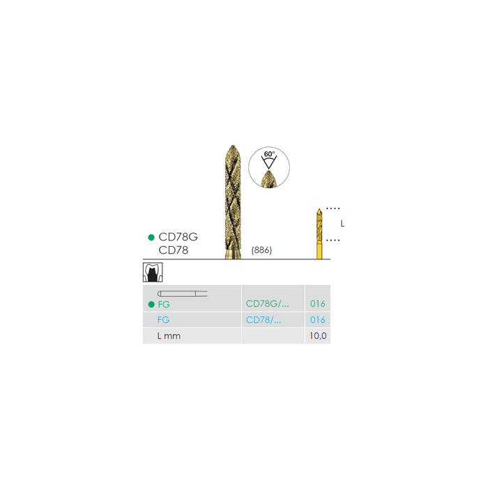CD 78G 016 FG coarse diamond cylinder dental bur Cool-Diamant Green Ring Crown Preparation 10mm Made in Germany Pack of 6