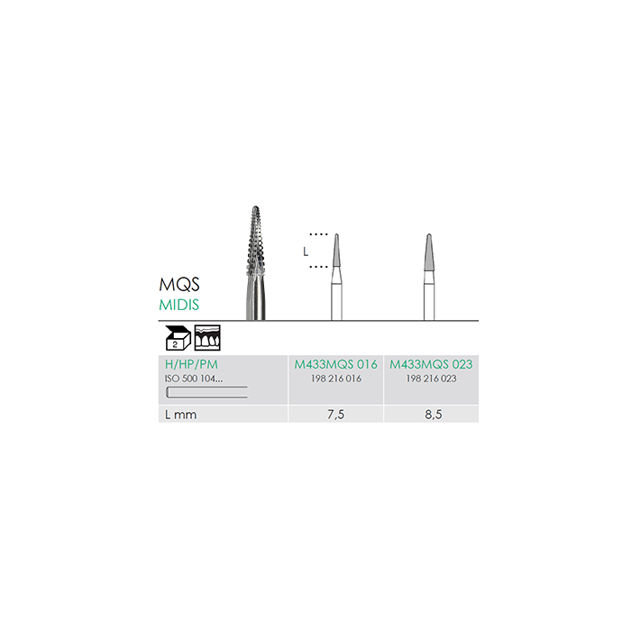 M433MQS 023 HP carbide cone round midi dental bur with cross cut, 8.5mm length, pack of 2