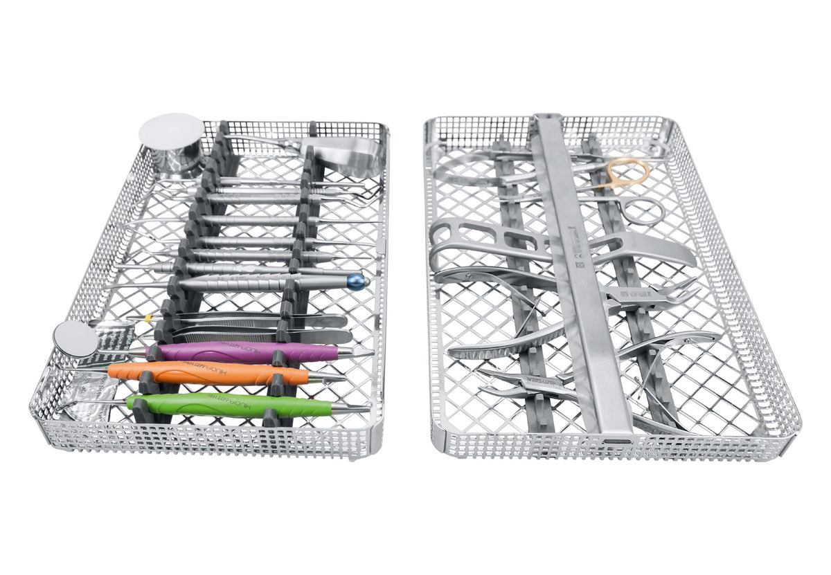 Helmut Zepf Basic Surgical Instrument Set by Prof. Dr. Margrit-Ann Geibel, washtray and washbasket with all 28 items