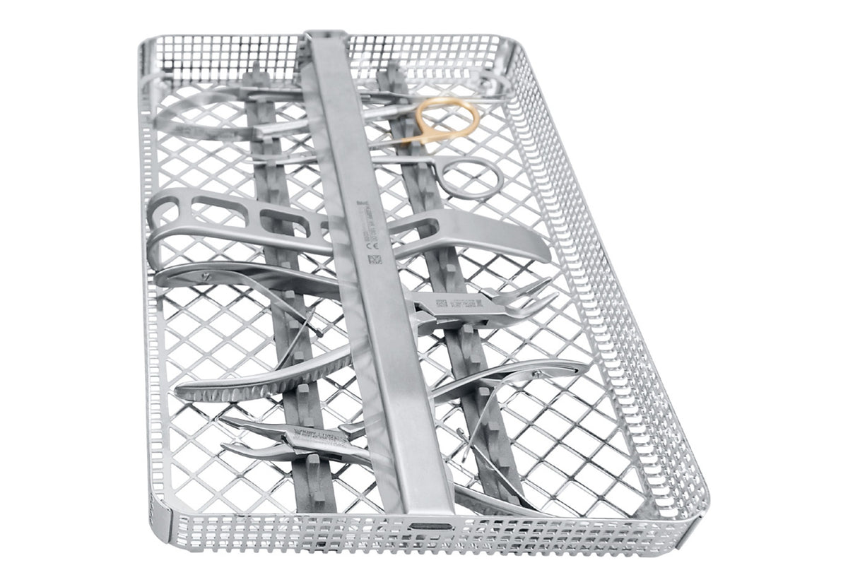 Geibel Basic Surgical Instrument Set washbasket: bone rongeurs, micro needle holder, SuperCut scissors, tissue forceps and cheek retractor