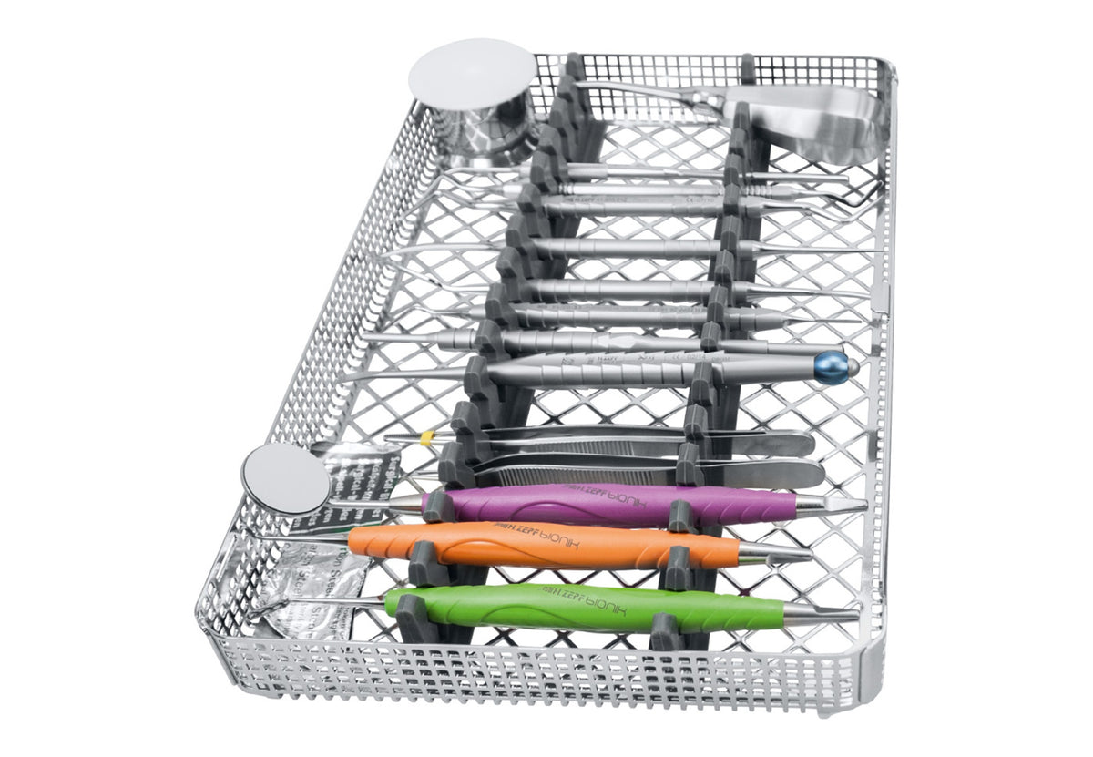 Geibel Basic Surgical Instrument Set washtray: ZEPF-bIONIK handles with mirrors and probe, elevators, periotome, Drop-Control blade holder and mixing cup