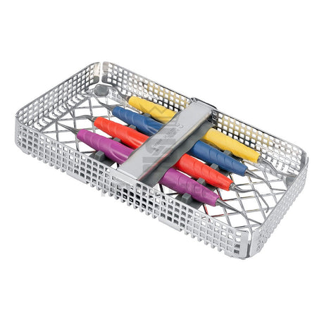 Gracey Curettes set with colorful handles stored in a stainless steel sterilization tray for periodontal scaling