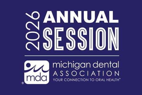 MDA 2026 Annual Session logo featuring Michigan Dental Association and premium Dental Extraction Tools by Deutsche Dental Technologien