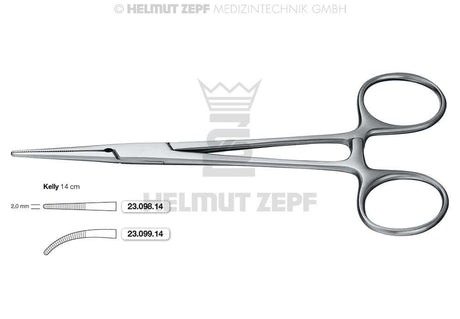 Helmut Zepf Kelly hemostat (No. 23.099.14) showing the long serrated jaw that sets a hemostat apart from a needle holder