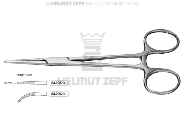 Helmut Zepf Kelly hemostat (No. 23.099.14) showing the long serrated jaw that sets a hemostat apart from a needle holder