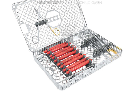 Complete set of Dental Extraction Tools in sterilization cassette tray with red-handled forceps and elevators