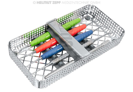 Tunneling Instruments Their History and How They Developed - sterilization basket with colorful surgical tools