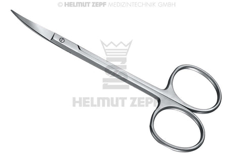 Helmut Zepf curved Iris Scissors with extra-large finger rings and serrated blades for fine oral surgery tissue work