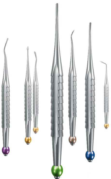 Helmut Zepf X-Tool Dental Elevator set for atraumatic extraction, featuring color-coded handles