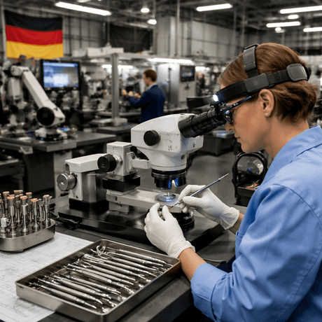 Technician inspecting German Dental Instruments under a microscope in a precision manufacturing facility with a German flag in the background