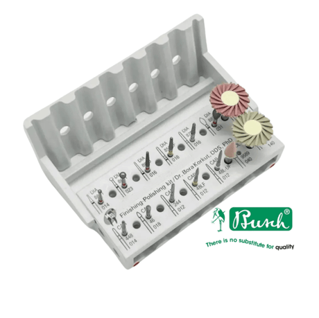 Composite burs finishing and polishing kit by Burch with assorted dental burs and discs for precision esthetic dentistry