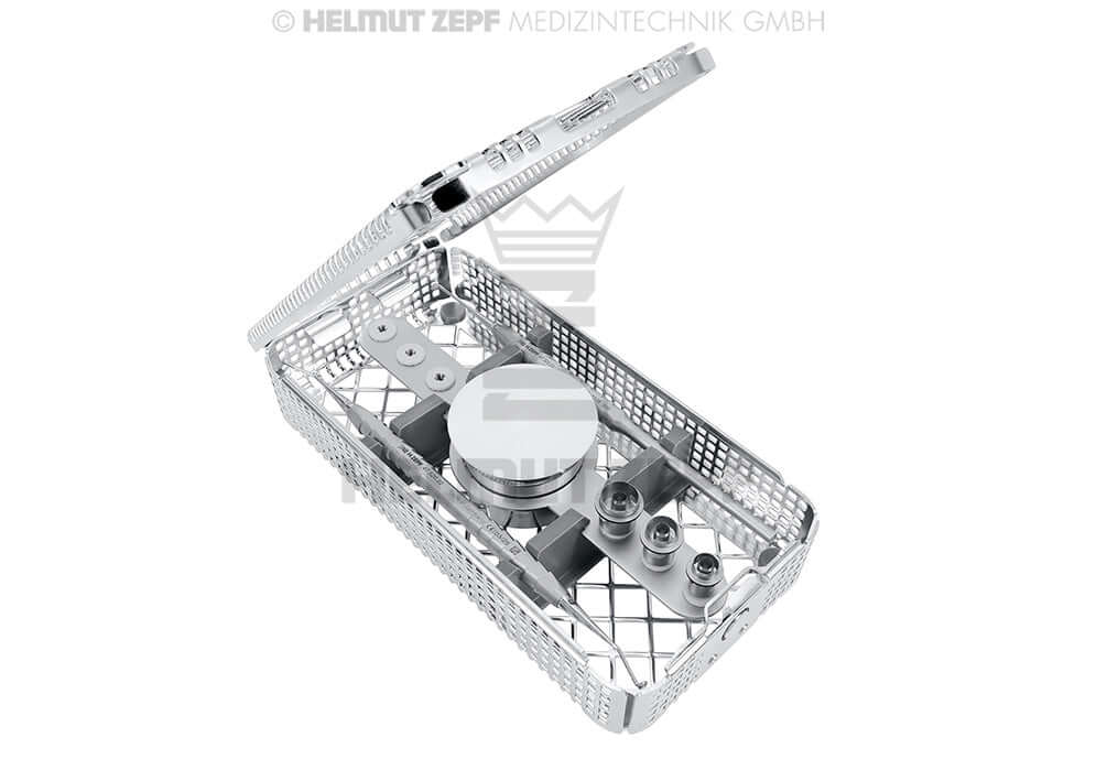 Helmut Zepf Nizam Ring Punch Set in sterilization cassette for precise keratinized tissue grafting in periodontal surgery