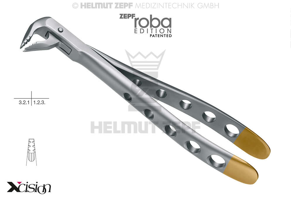 ZEPF Xcision-Line RoBa Edition tooth extraction forceps for upper incisors, German-engineered with patented atraumatic design