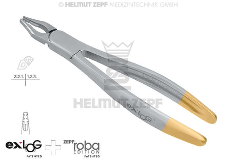 Dental extraction forceps exLOG® Roba Edition Diamond by Helmut Zepf – precision oral surgery instrument with gold handles