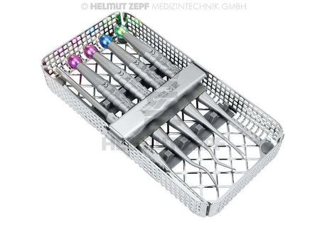 Root Tip Elevator - X-Desmo-Tool set in sterilization cassette tray by Helmut Zepf for precise dental root removal