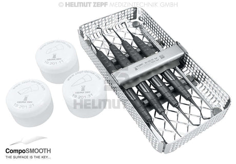 CompoSMOOTH Dental Composite Instrument set with sterilization tray and caps by Helmut Zepf for restorative dentistry
