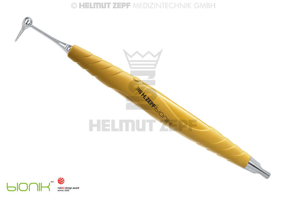 Dr. Wietzorke Easy Lifter ergonomic dental instrument with yellow Bionik grip by Helmut Zepf Medizintechnik