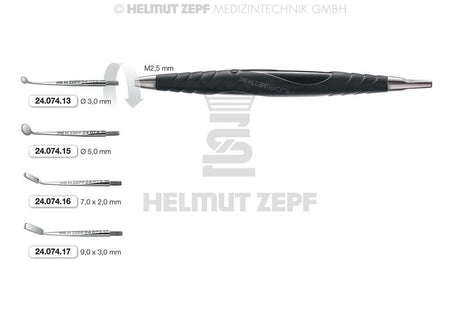 Helmut Zepf Dental Micro Mirror set with ergonomic handle, multiple head sizes 3mm to 9mm for dental microsurgery