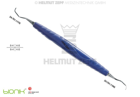 Universal curette Helmut Zepf 24.751.117G dental instrument with blue ergonomic handle for versatile tooth surface scaling