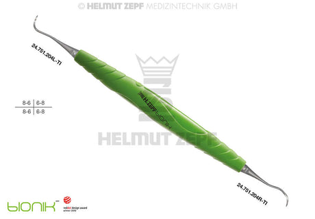 bIONIK Hygiene Instruments by Helmut Zepf - Double-Ended Dental Scaler 24.751-204L/R-TI with Ergonomic Green Handle