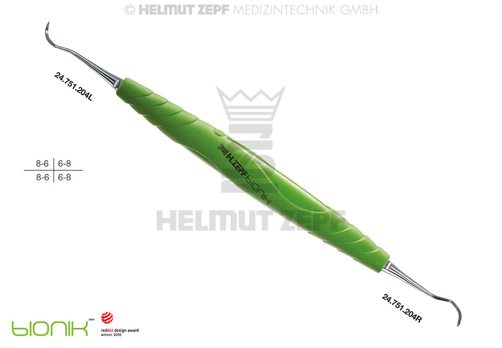 Helmut Zepf Bionik Sickle Scaler 24.751.204 double-ended dental instrument with green ergonomic handle